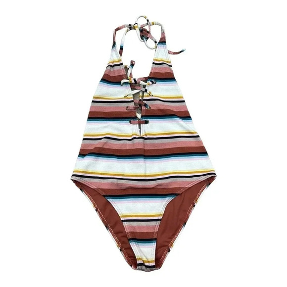 Billabong Striped Easy Daze Lace Up One Piece Swimsuit S - Picture 3 of 6